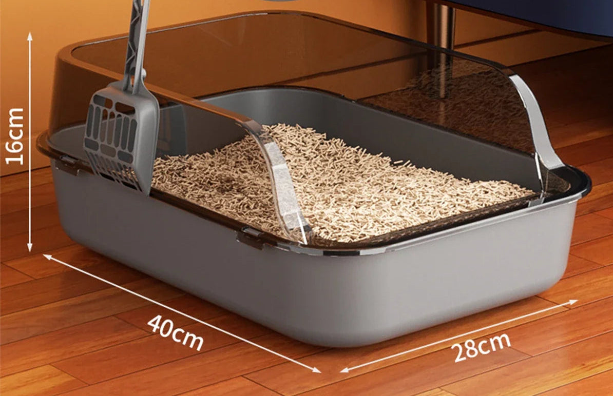 Bac à litière pour chat semi-ouvert – Rebords hauts anti-éclaboussures avec pelle incluse, facile à nettoyer