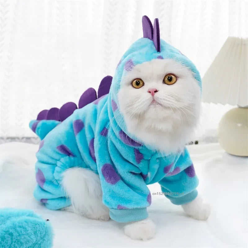 Manteau Chaud à Capuche Bleu Dinosaure pour Chats – Vêtement Automne/Hiver Épais pour Petits et Moyens Animaux