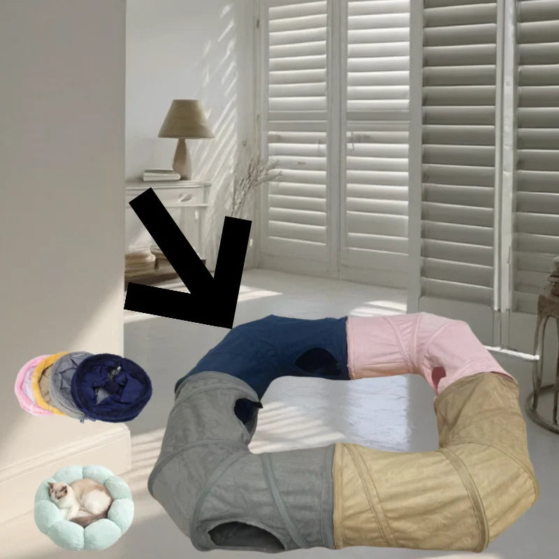 Tunnel d’hiver pliable pour chat – Jouet interactif de chasse et cachette en daim