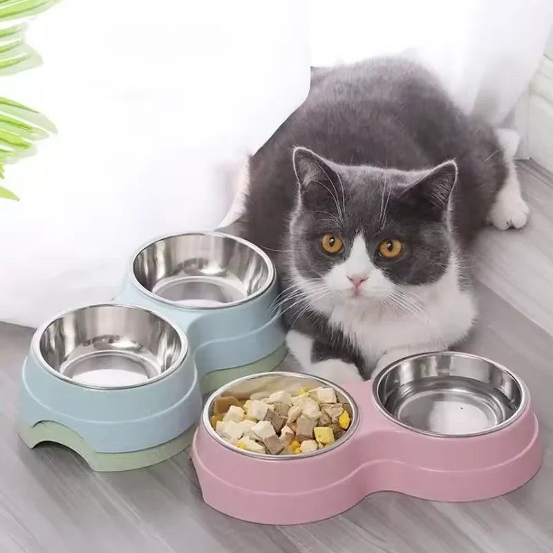 Double gamelle en acier inoxydable pour chat – Bol d’eau et de nourriture