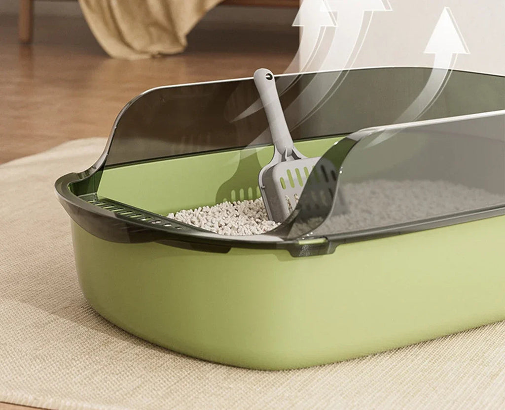 Bac à litière pour chat semi-ouvert – Rebords hauts anti-éclaboussures avec pelle incluse, facile à nettoyer