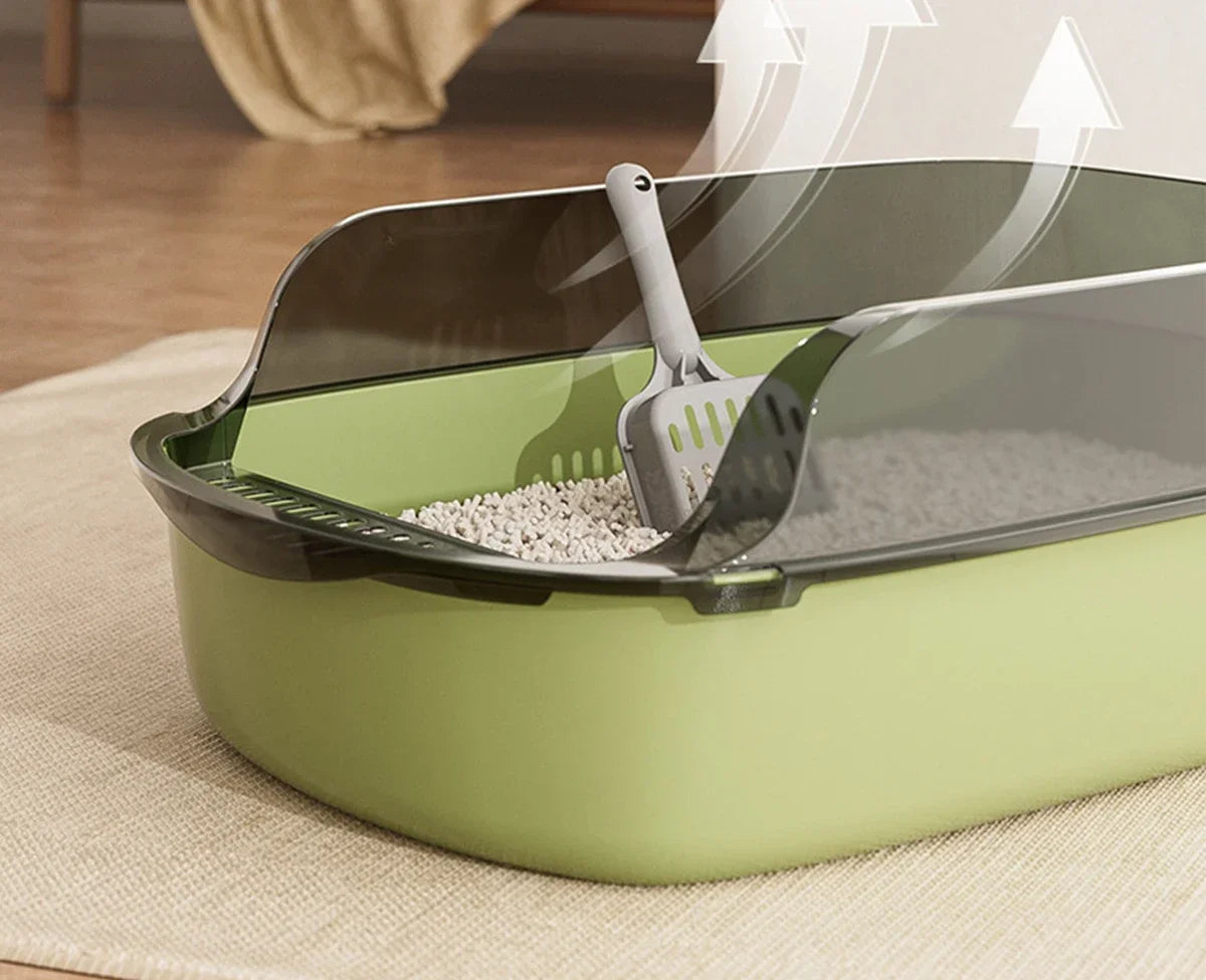 Bac à litière pour chat semi-ouvert – Rebords hauts anti-éclaboussures avec pelle incluse, facile à nettoyer