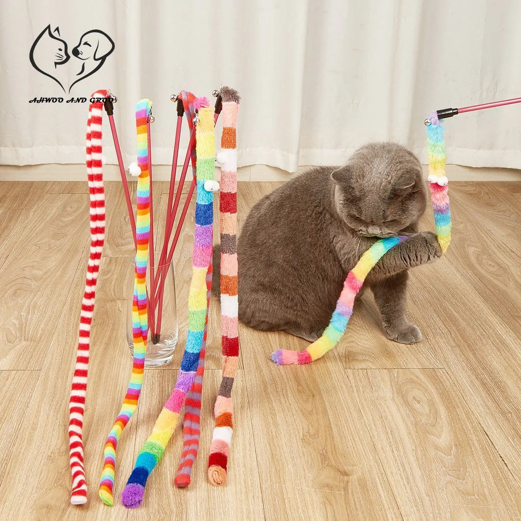 Canne à pêche interactive pour chat – Baguette à plumes colorée en forme de chenille, jouet amusant pour stimuler l’instinct de chasse