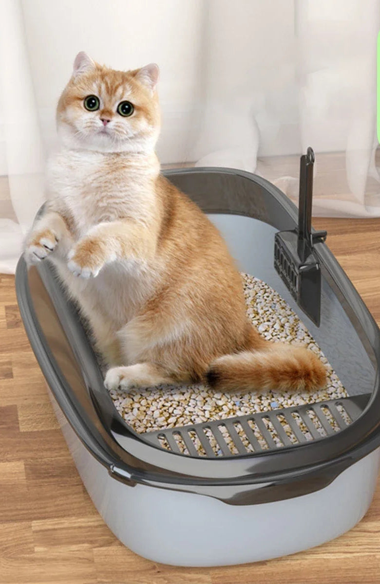 Bac à litière pour chat semi-ouvert – Rebords hauts anti-éclaboussures avec pelle incluse, facile à nettoyer