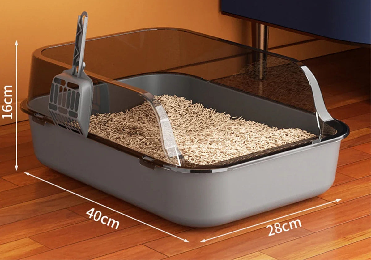 Bac à litière pour chat semi-ouvert – Rebords hauts anti-éclaboussures avec pelle incluse, facile à nettoyer
