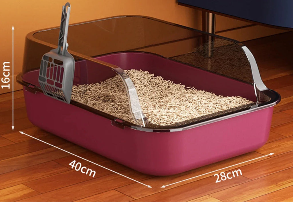 Bac à litière pour chat semi-ouvert – Rebords hauts anti-éclaboussures avec pelle incluse, facile à nettoyer