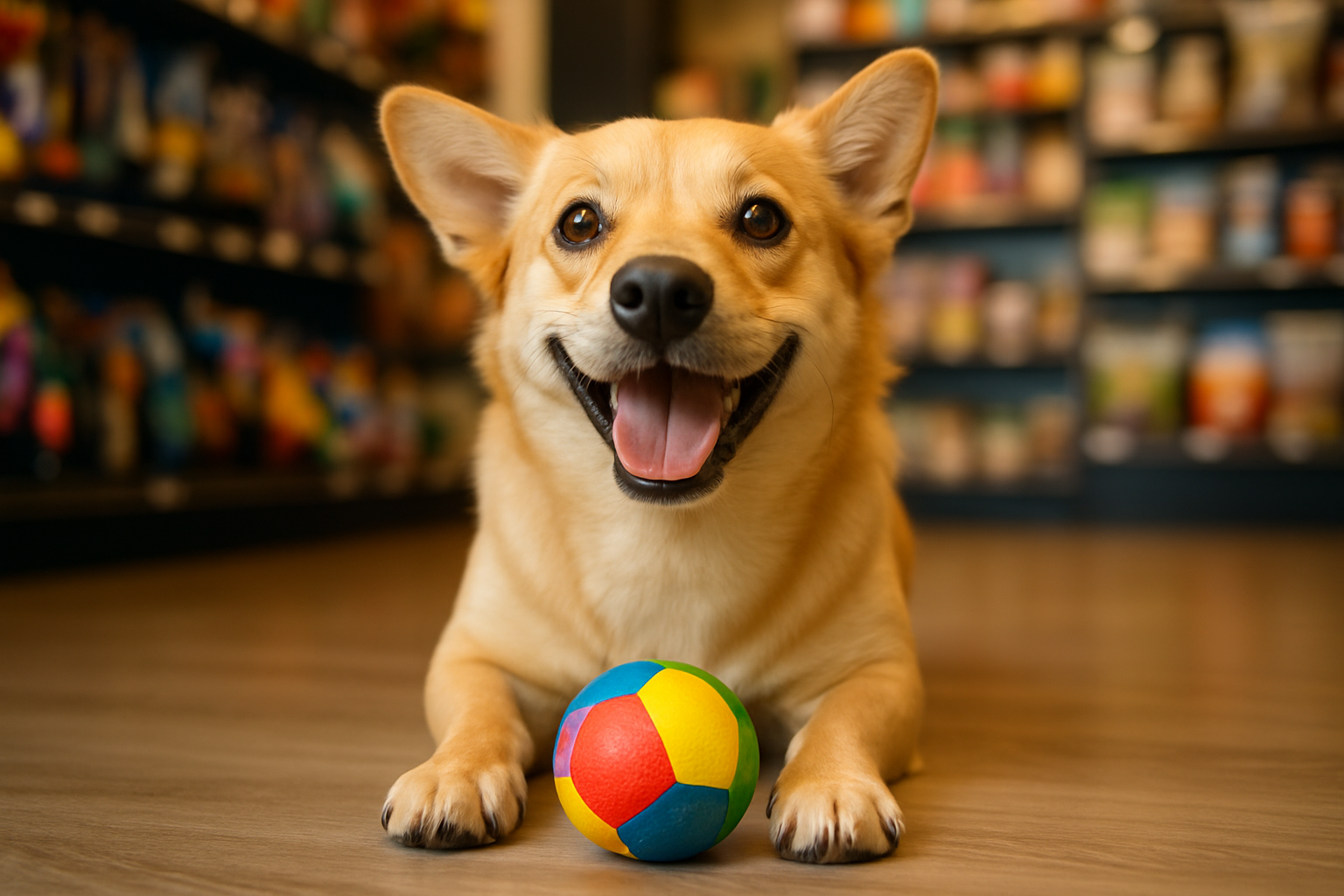 Le chien regarde joyeusement vers l’avant avec une balle colorée à ses pattes.