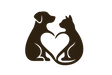une silhouette stylisée combinant un chien et un chat, formant un cœur avec leurs corps/queues pour symboliser l’affection et le soin.